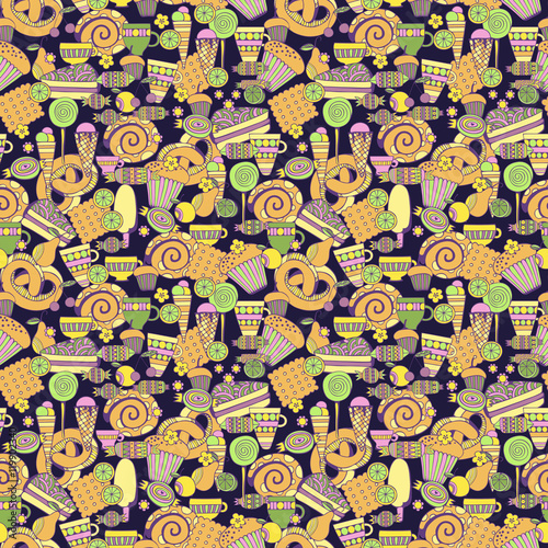 Hand drawn sweets and candies set. Colorful Vector Seamless Pattern.
