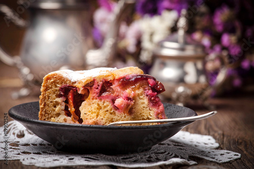 Piece of homemade fresh plum cake.