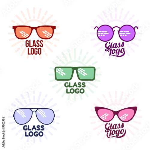 Glasses logo set, vector illustration isolated on white background. Round, square, aviator, cat eye glasses icons, colorful logo collection. Retro and modern style eyeglasses logo set