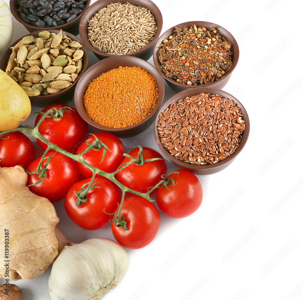 Vegetables and spices on white background, closeup Vegetables and spices on white background, closeup