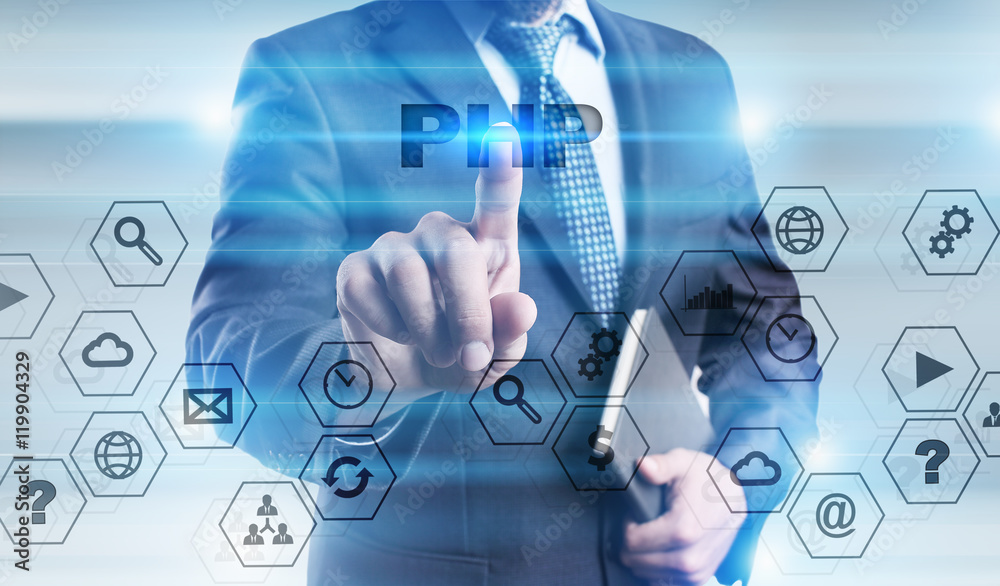 Businessman is pressing button on touch screen interface and selecting Businessman is pressing button on touch screen interface and selecting