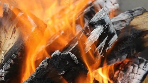 Bright burning wood, campfire macro video