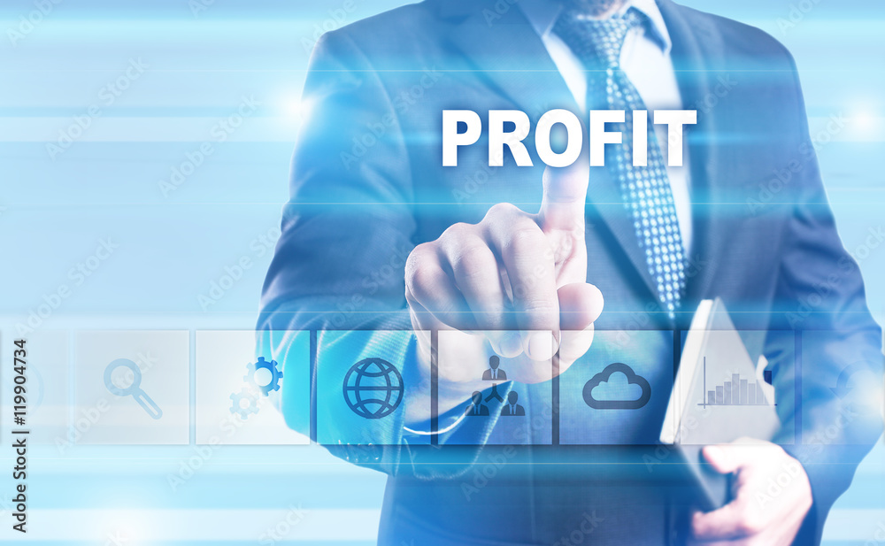 Businessman is pressing button on touch screen interface and selecting 