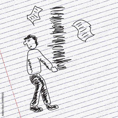 Doodle sketch of a man carrying paperwork on paper background