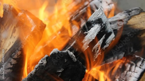 Bright burning wood, campfire macro video