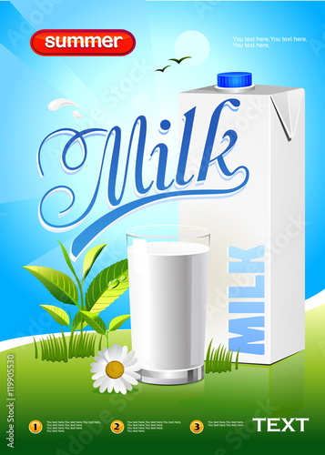 Glass of milk and a package on a natural blue background