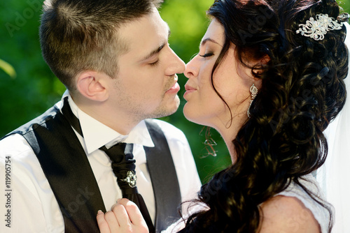 Wedding couple on the nature is hugging each other. Beautiful model girl in white dress. Man in suit. Beauty bride with groom. Female and male portrait. Woman with lace veil. Lady and guy outdoors