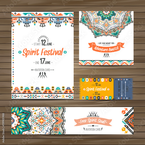 Set of geometric boho colorful flyers. Vector decorative ethnic greeting card or invitation design background