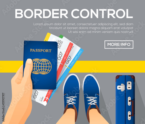 Border control banners. view from above. Passport with tickets in a hand. Time to travel. vector illustration.