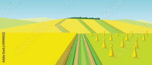 Vector abstract green landscape with yellow fields, hills, roads and ricks of hay, flat zigzag style.