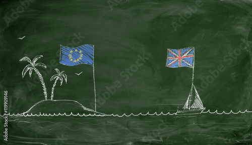 Chalk drawing of ship with British flag swimming away from European Union island photo