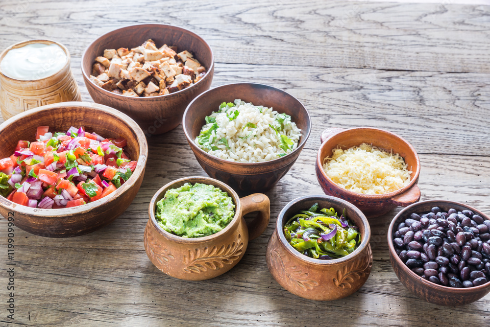 Ingredients for chicken burrito bowl