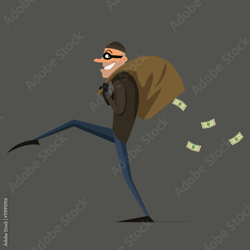Thief steals a bag of money, cartoon, flat style set.