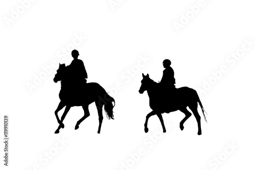 Zwei Reiter/Silhouette von Pferden und Reitern