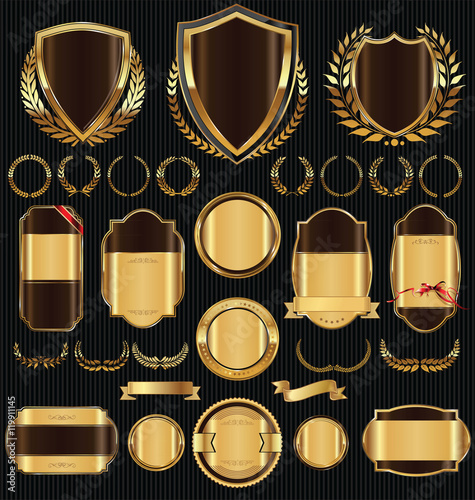 Golden sale shields laurel wreaths and badges collection 