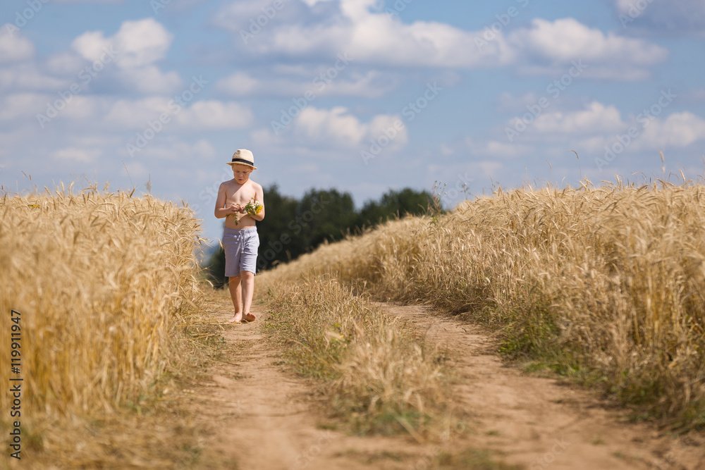 Cute kid boy in straw hat walking along countryside road and holding bunch of wild flowers on sunny summer day. Barefooted Child in the golden wheat field. Lifestyle concept