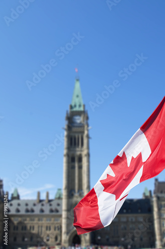 Canadian flag waving in front of the parliament