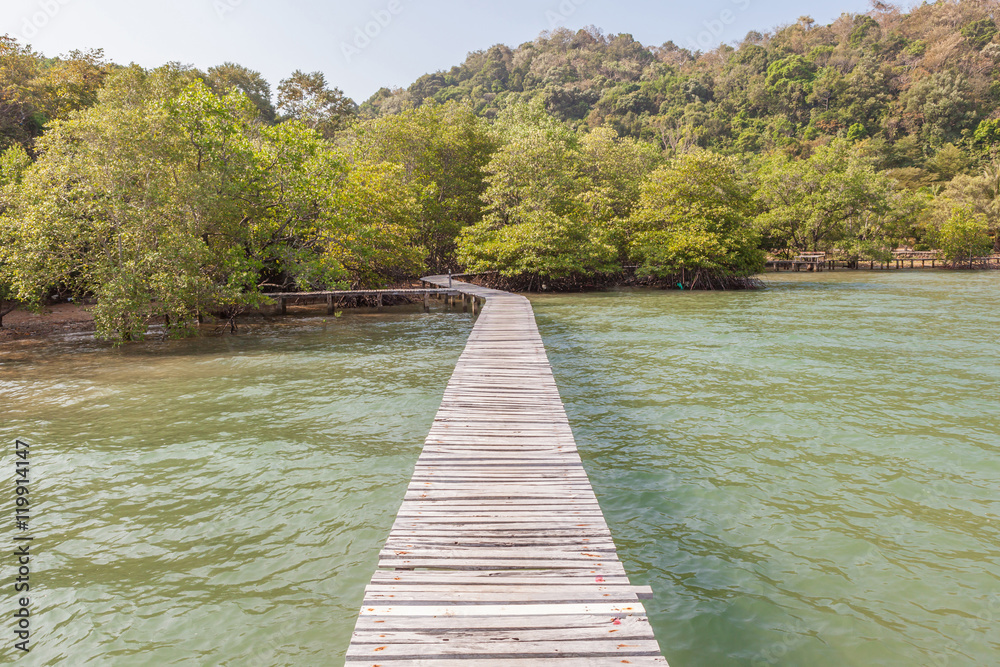 Long wooden bridge on sea for nature sightseeing pathway.