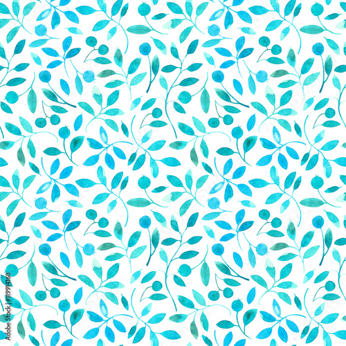 floral seamless pattern with turquoise branches and berries.watercolor hand drawn illustration.white background.