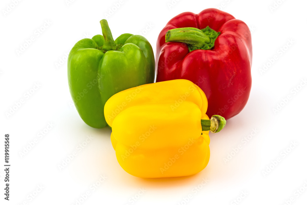 Colorful of fresh sweet bell pepper (capsicum) stack on white Colorful of fresh sweet bell pepper (capsicum) stack on white