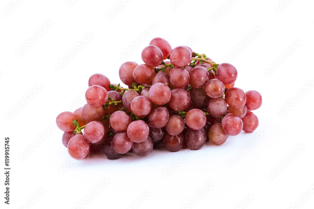 Bunch of red grapes , fresh with water drops. Isolated on white