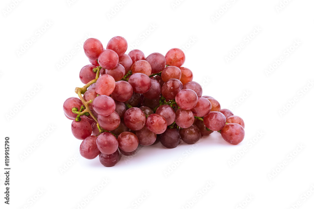 Bunch of red grapes , fresh with water drops. Isolated on white