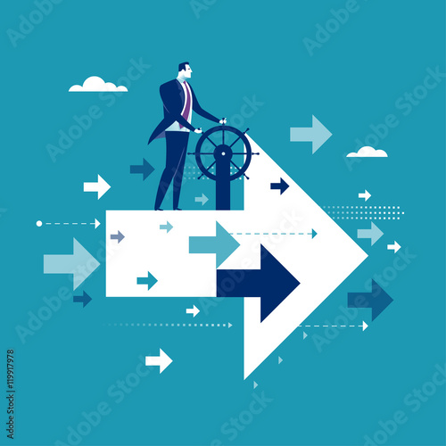 Good direction. Businessman drive flying arrow sign. Concept business vector illustration