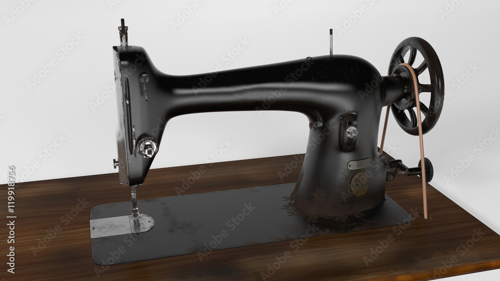 Old sewing machine, vintage tailoring tool isolated on white background, 3D illustration