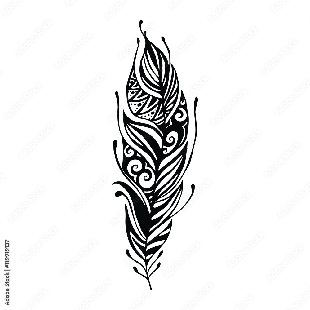 Hand drawn feathers. ink vector illustration. boho style design ...