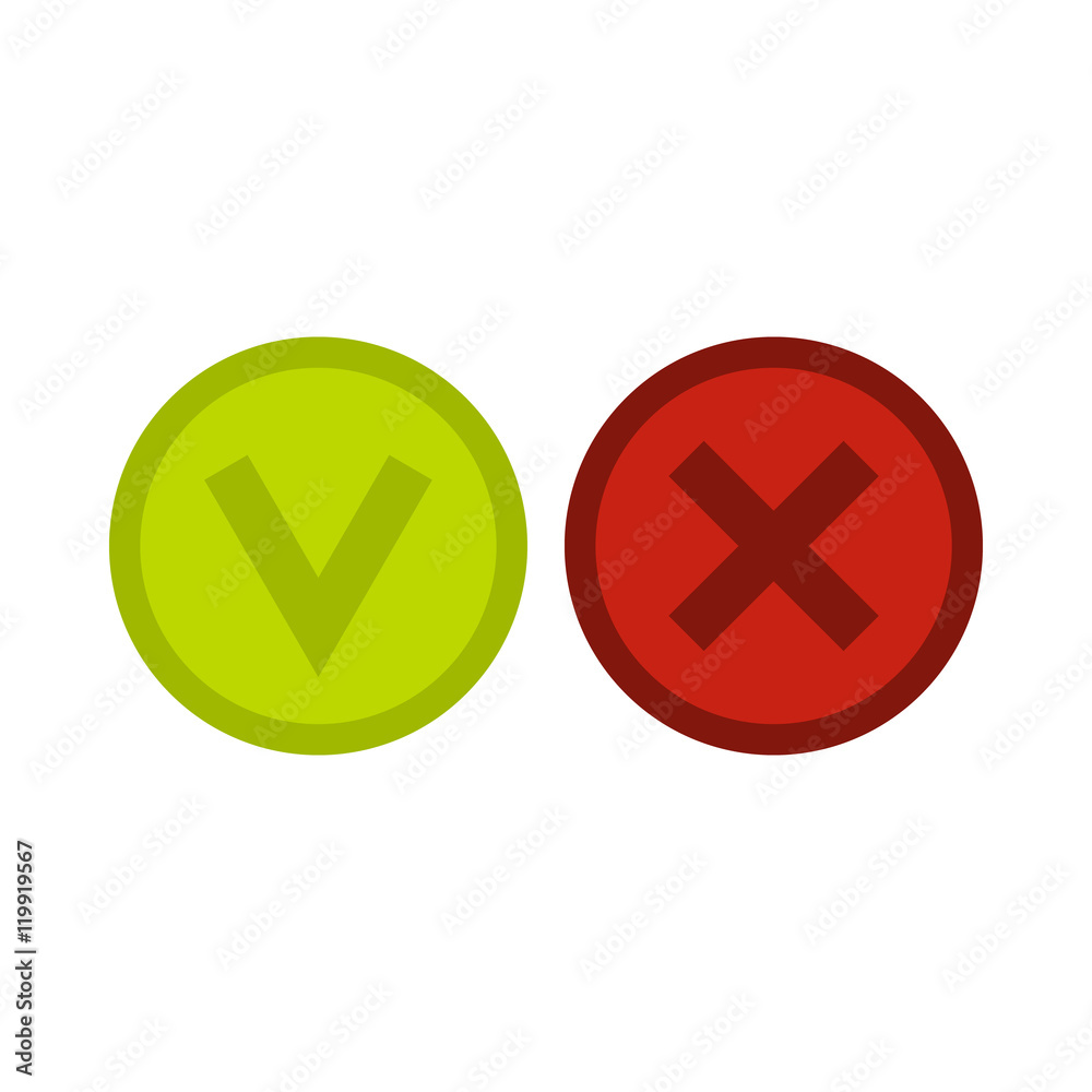 Signs of choice of tick and cross icon in flat style isolated on white background. Click and choice symbol vector illustration Signs of choice of tick and cross icon in flat style isolated on white background. Click and choice symbol vector illustration