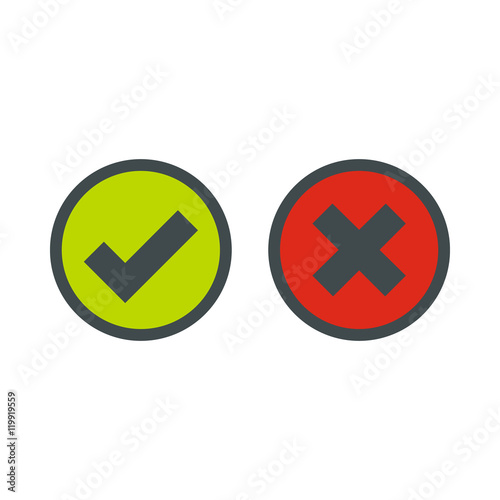 Tick and cross selection icon in flat style isolated on white background. Click and choice symbol vector illustration