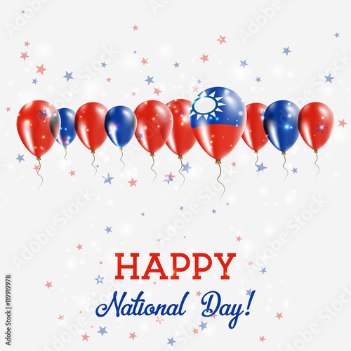 Taiwan, Republic Of China Independence Day Sparkling Patriotic Poster. Happy Independence Day Card with Taiwan, Republic Of China Flags, Confetti, Stars, Bokeh and Glitter.