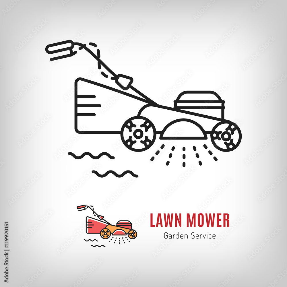 Vector lawn mower icon in a line art style. Mowing grass, Gardening tools emblem. Illustration isolated logo lawn mower on a white background