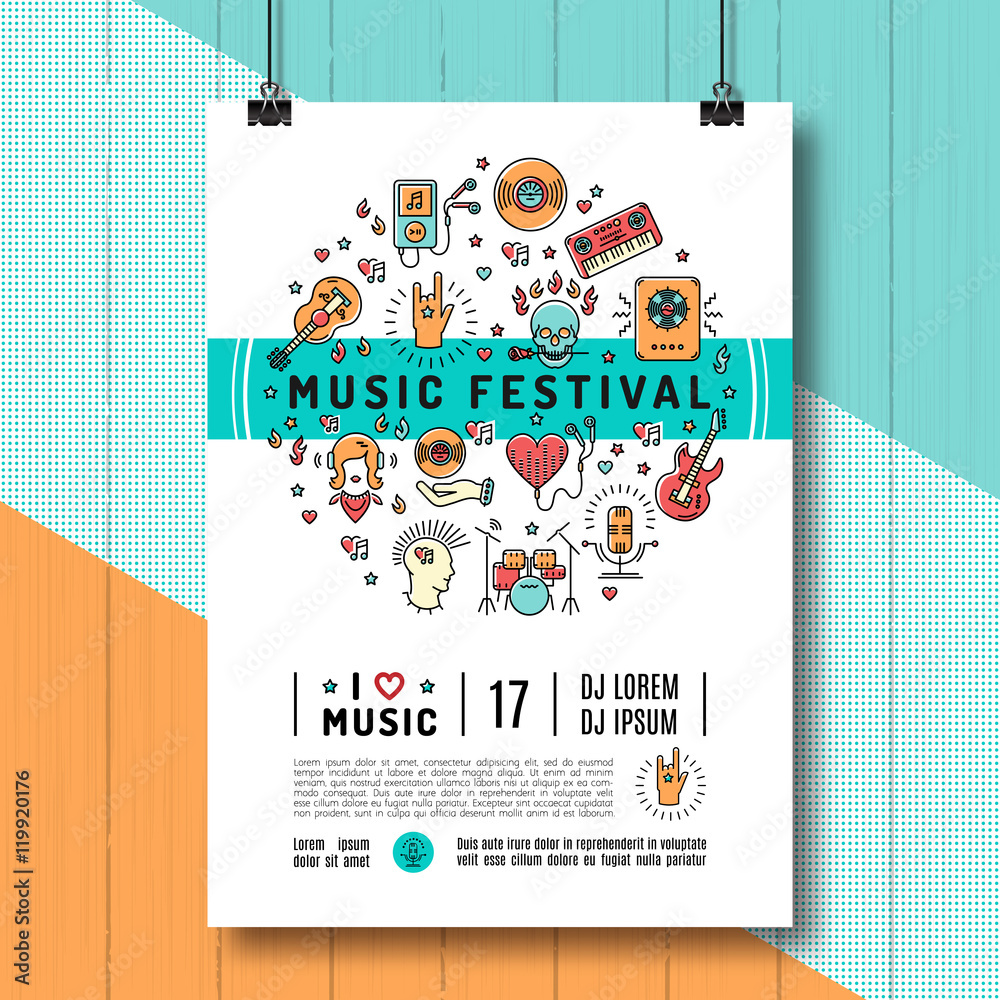 Fototapeta premium Music festival poster template A4 size. Music infographics, trendy icons line art style. Rock, jazz concert, vector design mock-up brochures, flyers or cards on creative wooden background