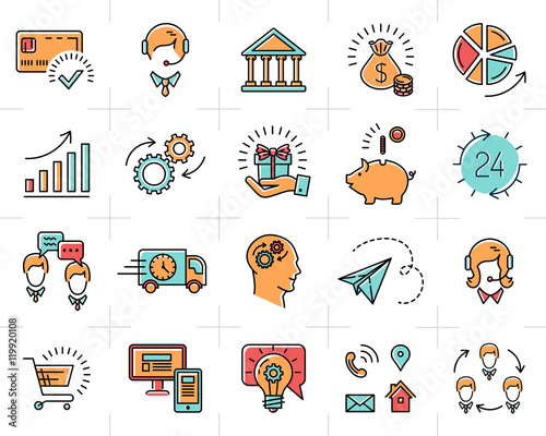 Colorful vector business icons set. Marketing, shopping, e-commerce and media isolated line art symbols, infographic icons