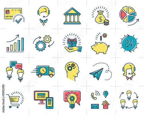 Vector infographic set business icons, marketing, shopping, e-commerce and media isolated line art symbols