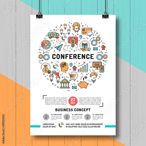 Vector business conference poster templates A4 size. Shopping, e-commerce and marketing isolated line art icons. Design mock-up flyers, banners, covers, catalog on creative wooden background