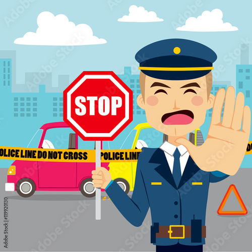 Policeman holding traffic sign and showing hand palm stopping access to car accident scene