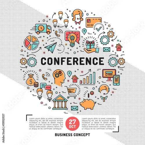 Vector business conference design templates, Shopping, e-commerce and marketing isolated line art icons. Vector illustration mock-up flyers, banners, book covers, web