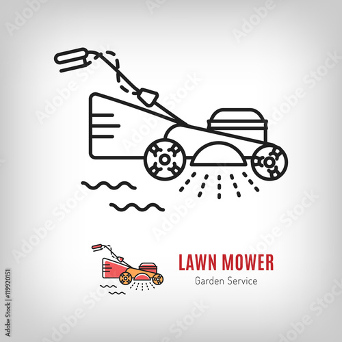 Vector lawn mower icon in a line art style. Mowing grass, Gardening tools emblem. Illustration isolated logo lawn mower on a white background