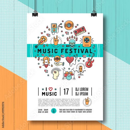 Music festival poster template A4 size. Music infographics, trendy icons line art style. Rock, jazz concert, vector design mock-up brochures, flyers or cards on creative wooden background