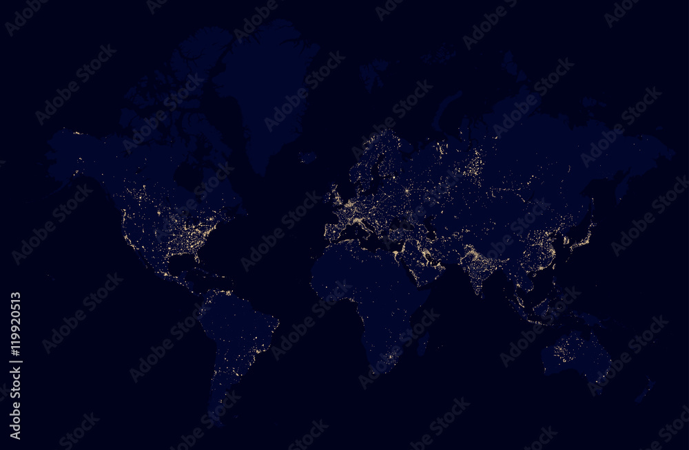Fototapeta premium Szczegółowa nocna mapa świata ze światłami miast