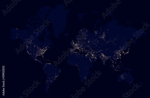 Detailed night map of the world with lights cities