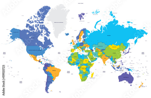 High detailed color world map.   apital and big cities. Vector