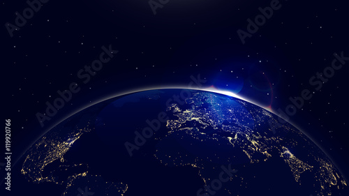Vector background planet earth with sunrise in space and city lights