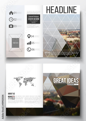 Set of business templates for brochure, magazine, flyer, booklet or annual report. Polygonal background, blurred image, urban landscape, Prague cityscape, modern triangular texture