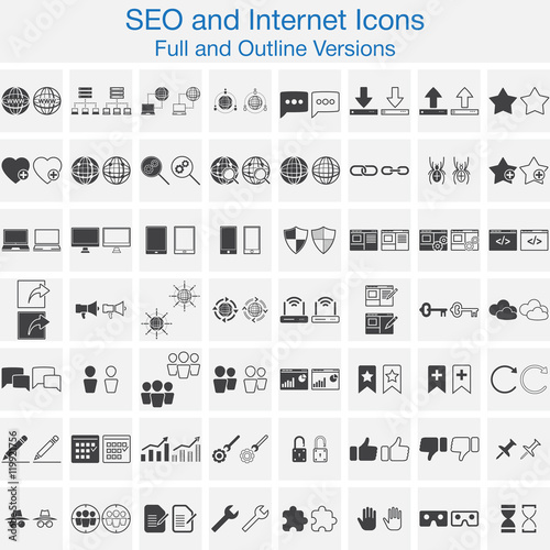 SEO, Internet line and full icons set, outline and solid vector symbol collection, linear pictogram pack isolated on white for web and mobile, logo illustration