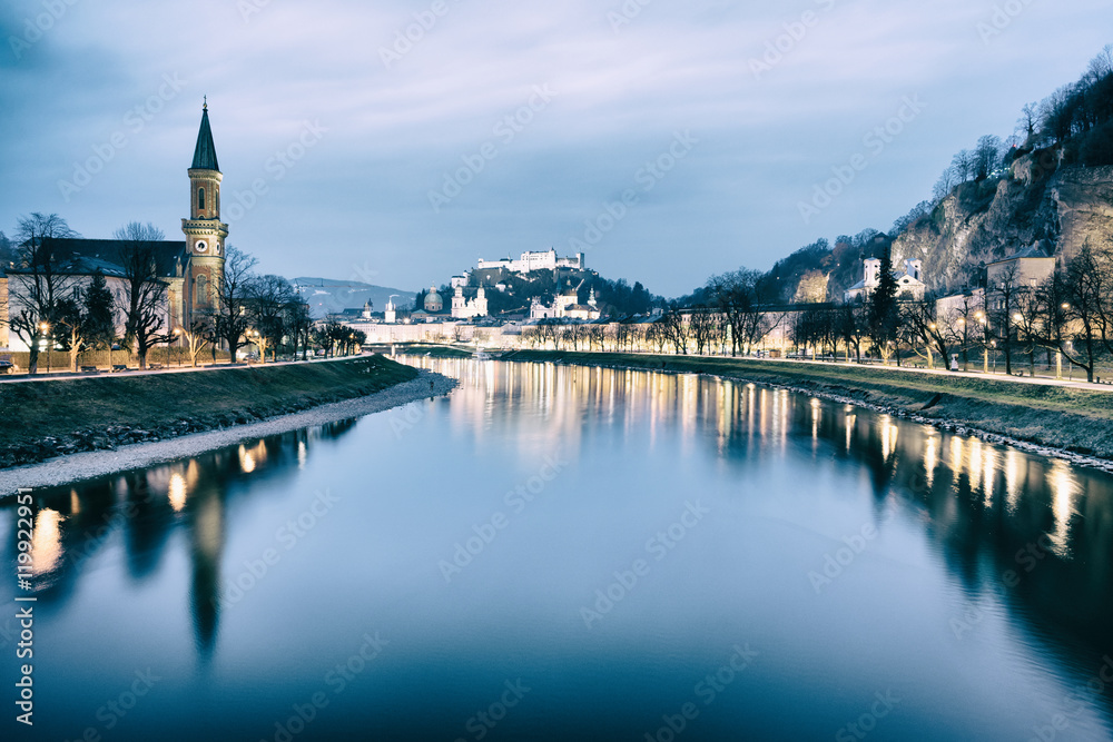Beautiful illuminated cityscape over Salzburg, Austria