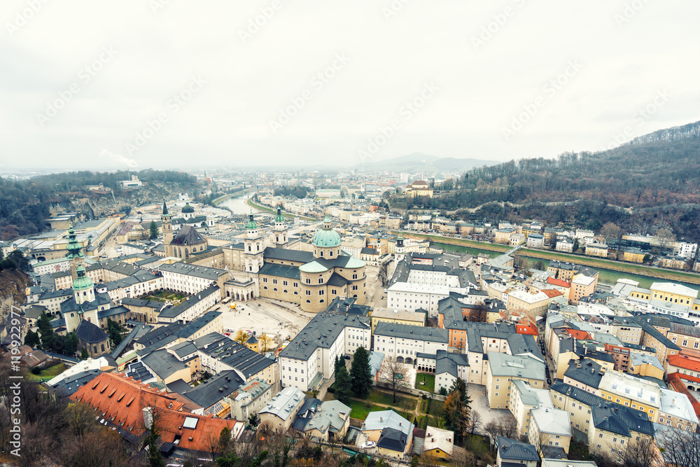 Beautiful aerial view on rooftops of Salzburg,Austria in cloudy