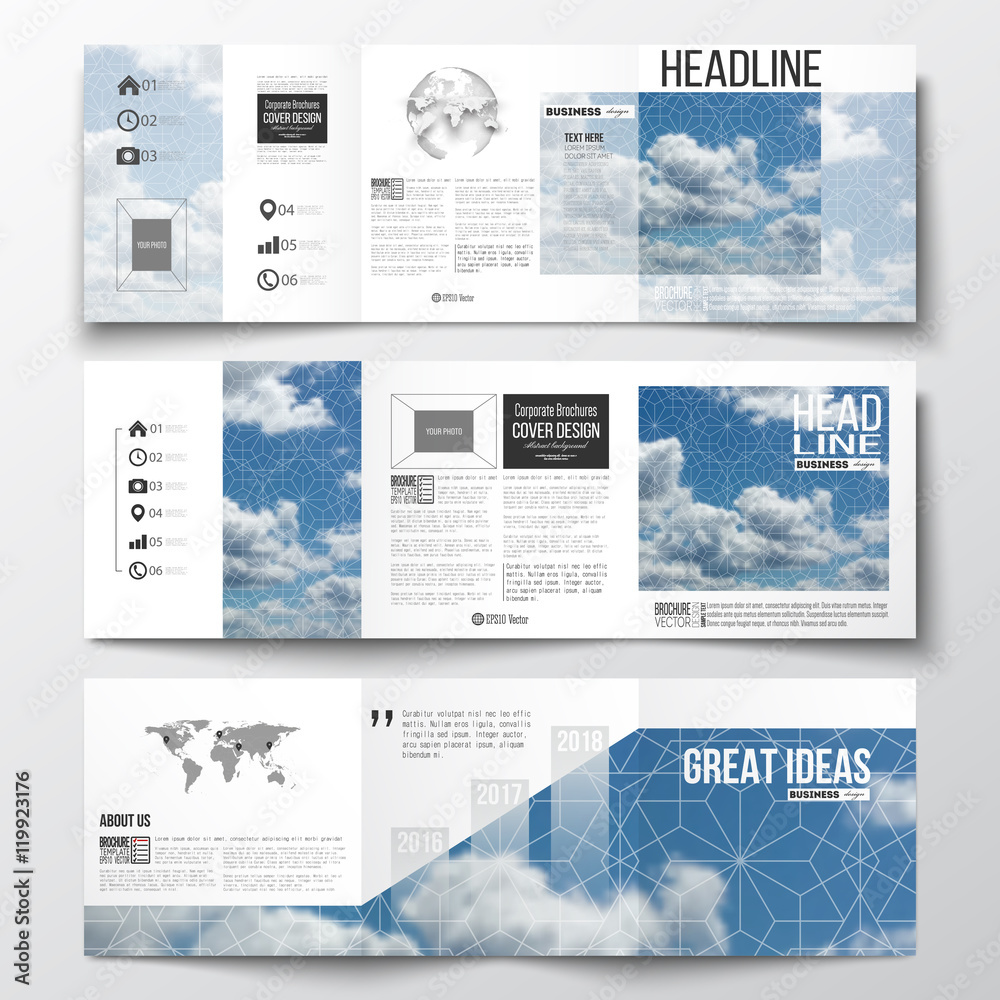 Set of tri-fold brochures, square design templates. Beautiful blue sky, abstract geometric background with white clouds, leaflet cover, business layout, vector illustration.